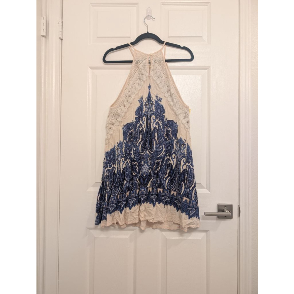 Women's Free People Mini Dress Petite S Beige Blue Paisley Shea Print Bohemian - Picture 7 of 7